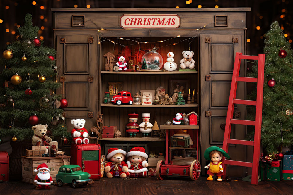 Kate Christmas Cupboard Teddy Bear Red Ladder Backdrop Designed by Emetselch - Kate Backdrop AU