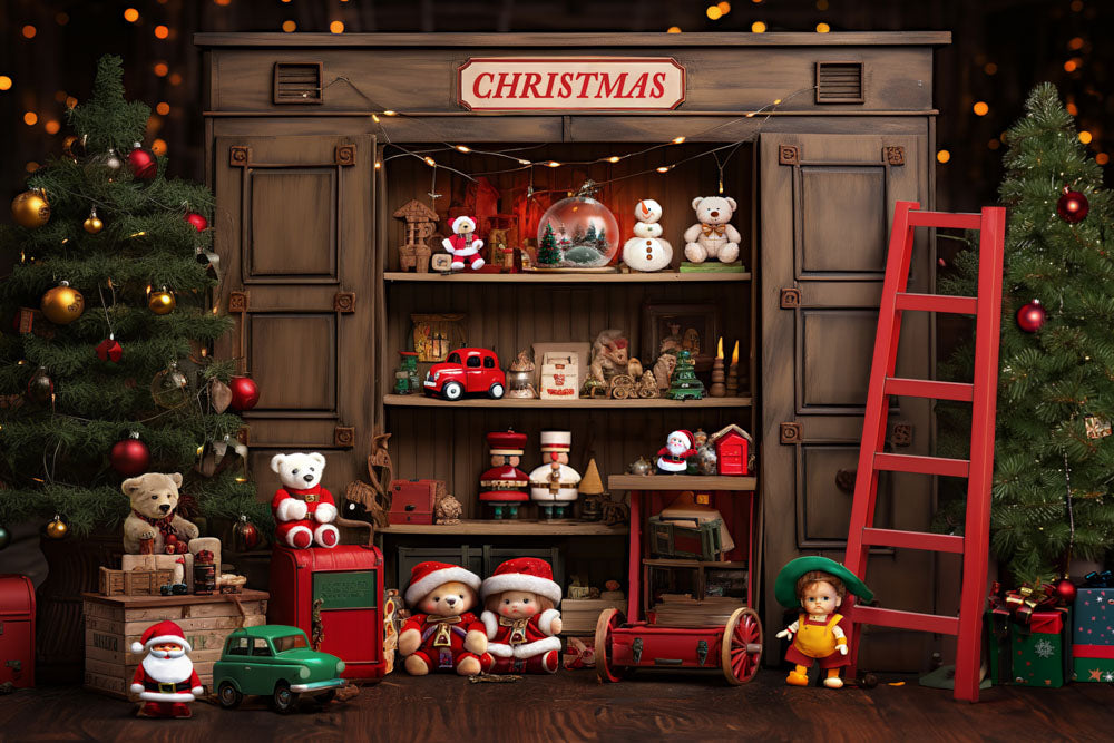 Kate Christmas Cupboard Teddy Bear Red Ladder Backdrop Designed by Emetselch - Kate Backdrop AU