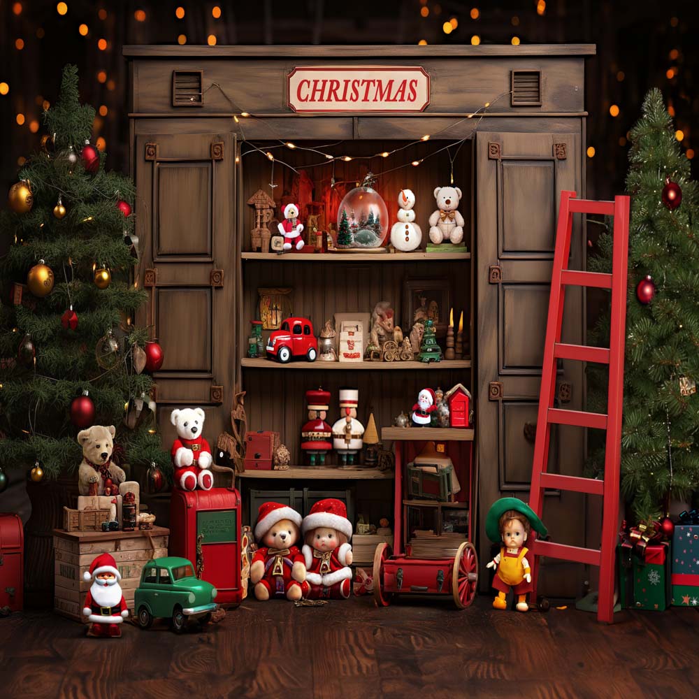 Kate Christmas Cupboard Teddy Bear Red Ladder Backdrop Designed by Emetselch - Kate Backdrop AU