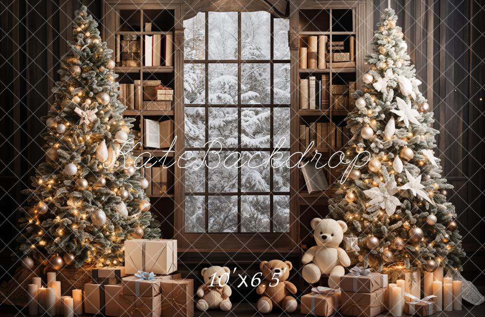 Kate Indoor Bookshelf Christmas Tree Backdrop Teddy Bear Designed by Emetselch - Kate Backdrop AU