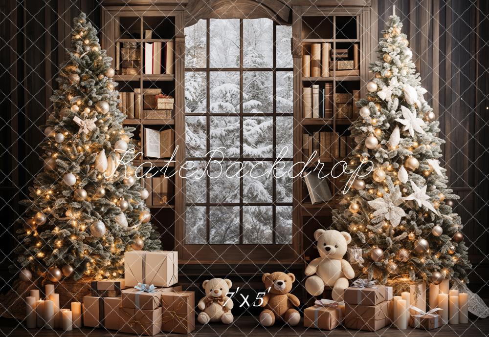 Kate Indoor Bookshelf Christmas Tree Backdrop Teddy Bear Designed by Emetselch - Kate Backdrop AU