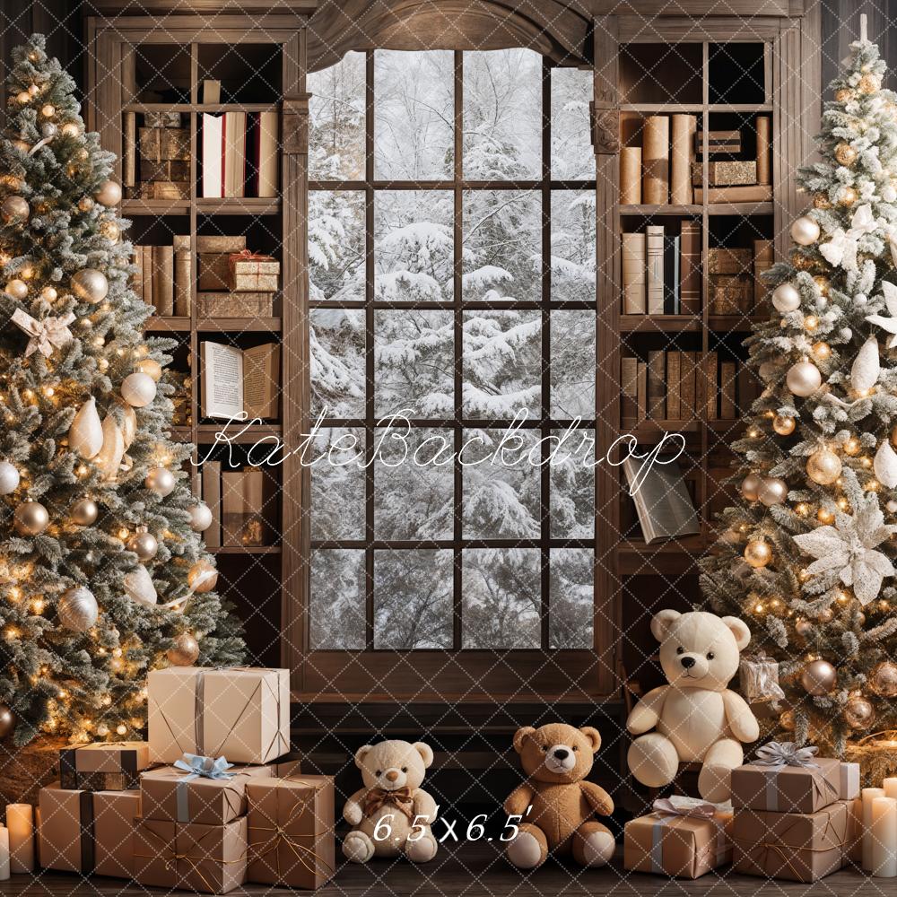 Kate Indoor Bookshelf Christmas Tree Backdrop Teddy Bear Designed by Emetselch - Kate Backdrop AU