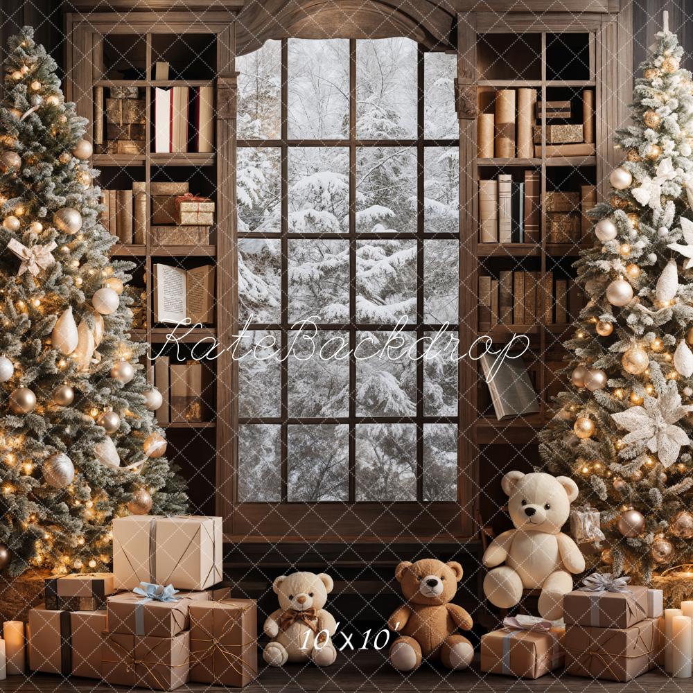 Kate Indoor Bookshelf Christmas Tree Backdrop Teddy Bear Designed by Emetselch - Kate Backdrop AU