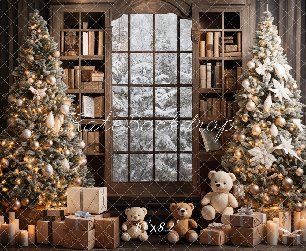 Kate Indoor Bookshelf Christmas Tree Backdrop Teddy Bear Designed by Emetselch - Kate Backdrop AU