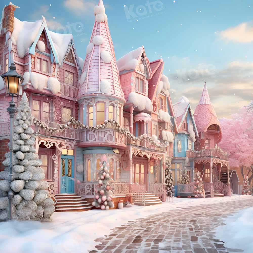 Kate Snowy Pink Winter Town Backdrop Designed by Emetselch - Kate Backdrop AU