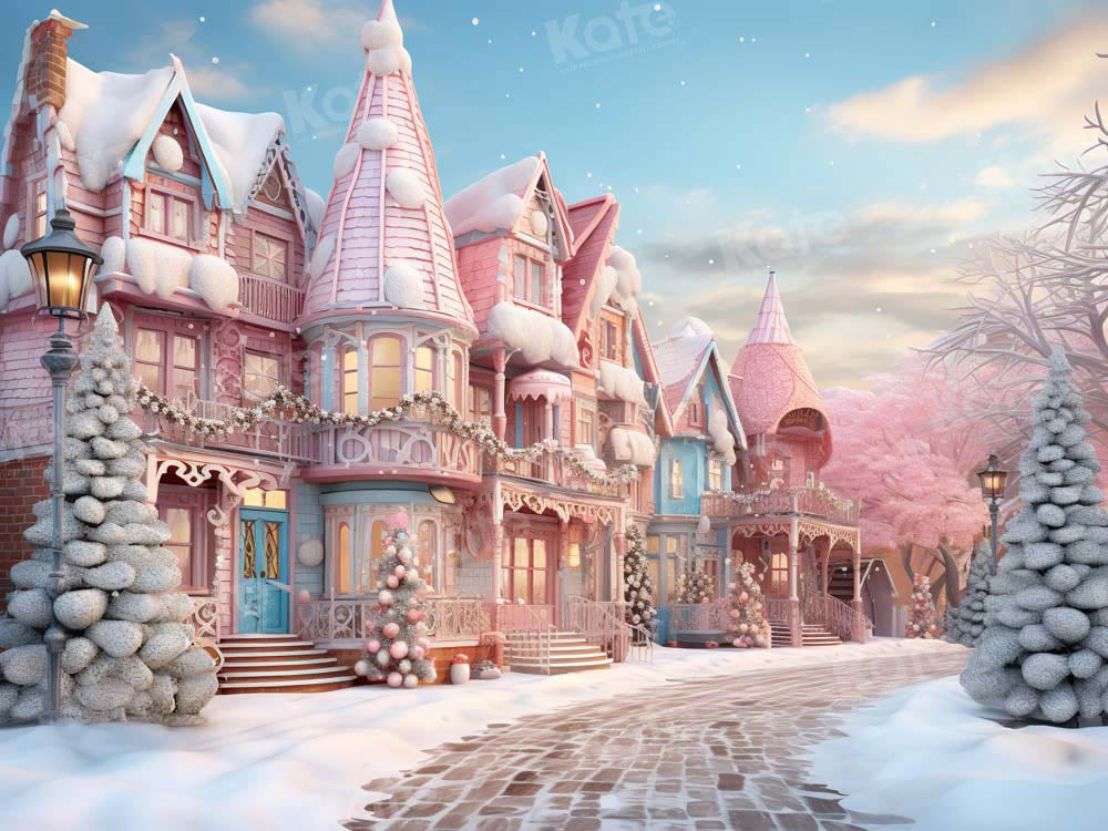 Kate Snowy Pink Winter Town Backdrop Designed by Emetselch - Kate Backdrop AU