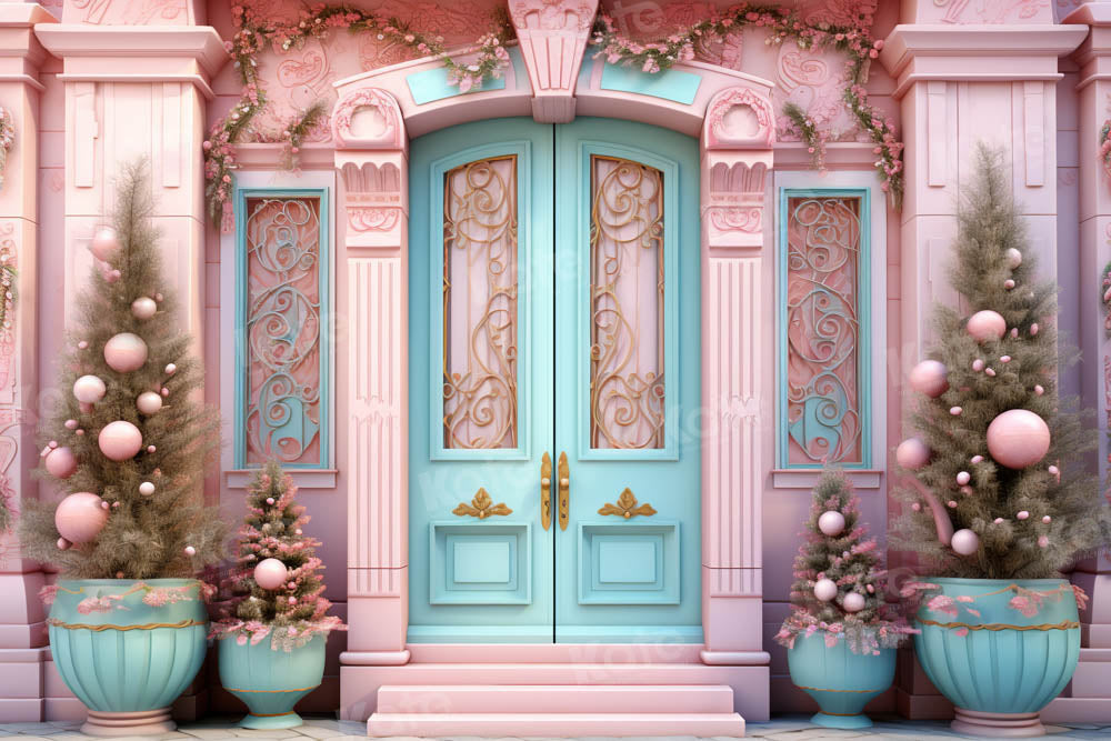 Kate Christmas Pink House Blue Door Backdrop Designed by Emetselch - Kate Backdrop AU