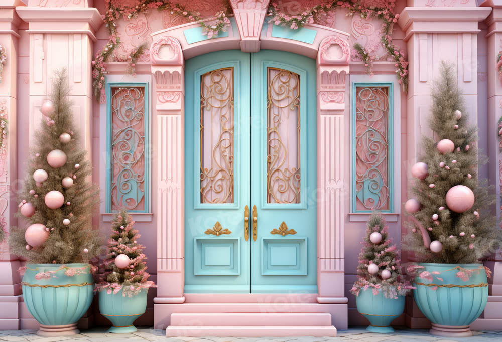 Kate Christmas Pink House Blue Door Backdrop Designed by Emetselch - Kate Backdrop AU