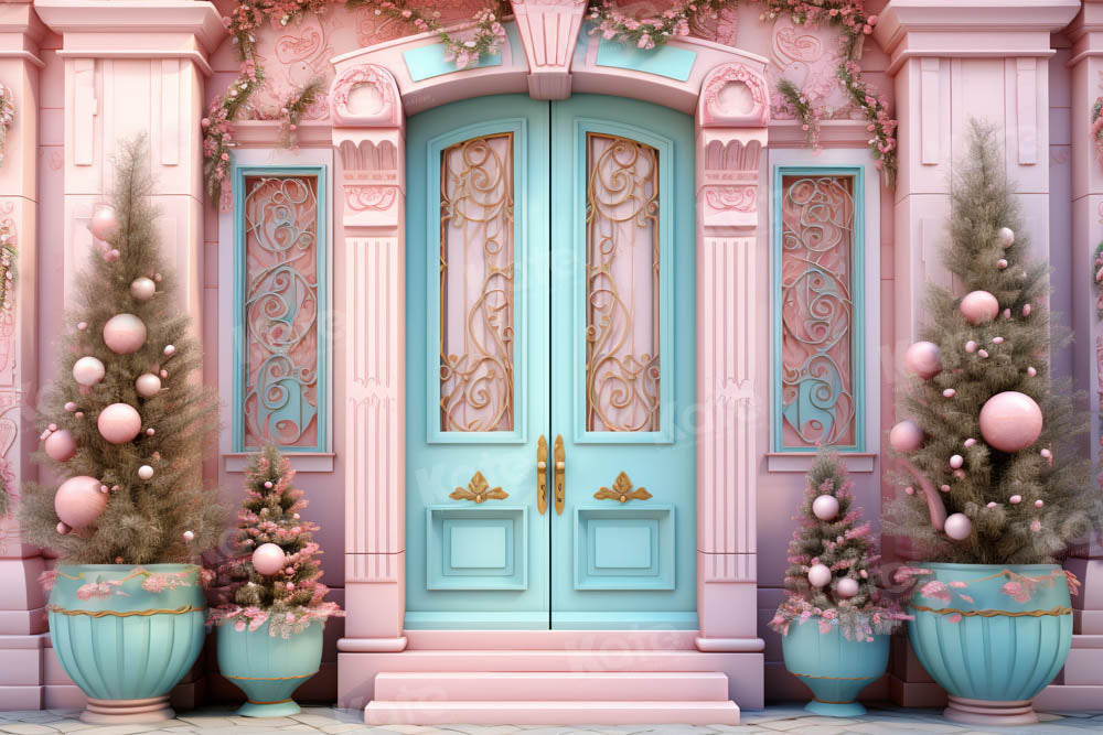 Kate Christmas Pink House Blue Door Backdrop Designed by Emetselch - Kate Backdrop AU