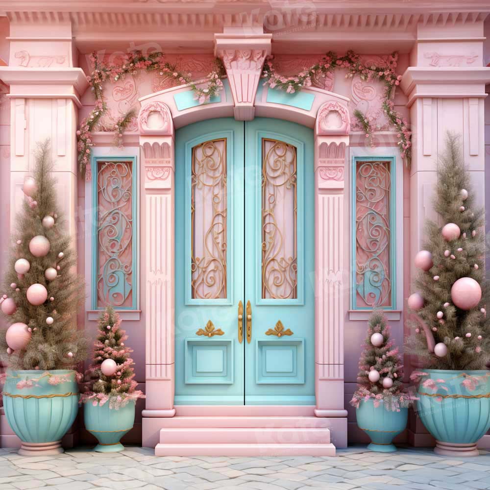 Kate Christmas Pink House Blue Door Backdrop Designed by Emetselch - Kate Backdrop AU