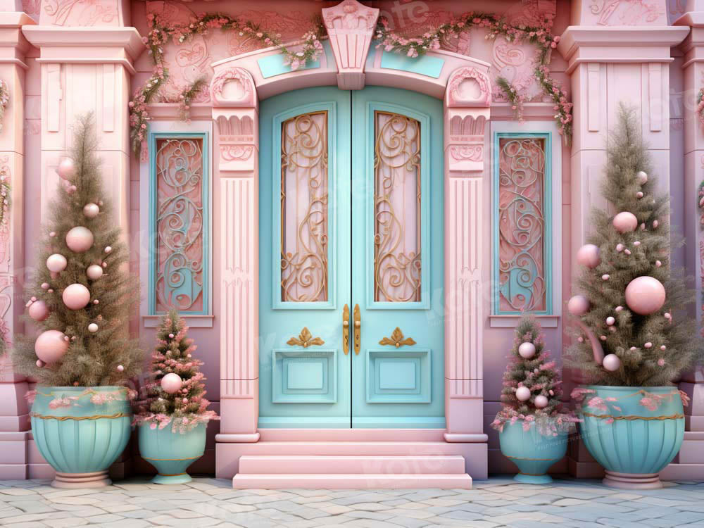 Kate Christmas Pink House Blue Door Backdrop Designed by Emetselch - Kate Backdrop AU