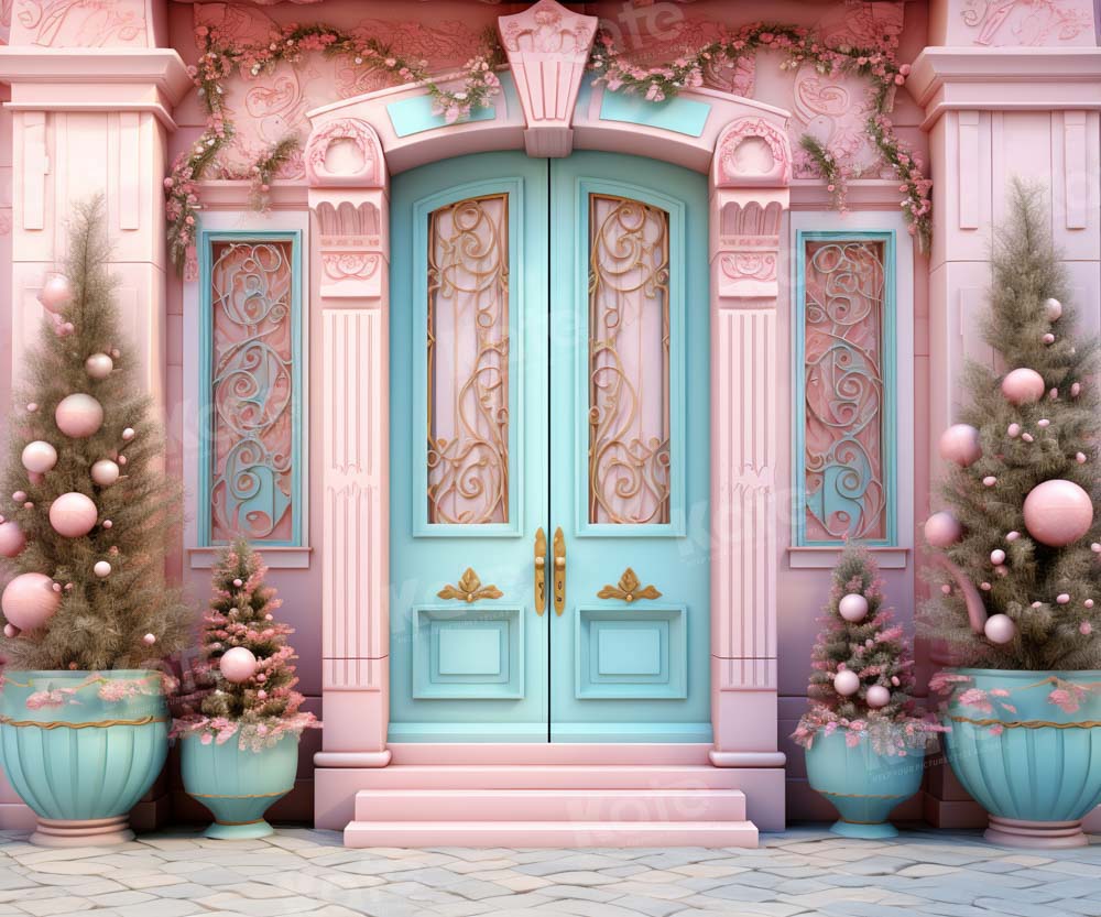 Kate Christmas Pink House Blue Door Backdrop Designed by Emetselch - Kate Backdrop AU