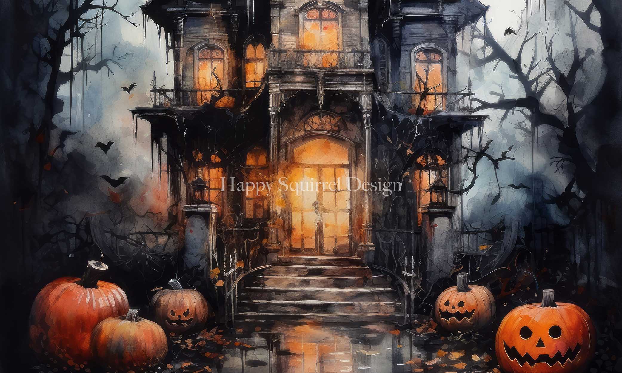 Kate Spooky Watercolor Mansion Backdrop Designed by Happy Squirrel Design - Kate Backdrop AU