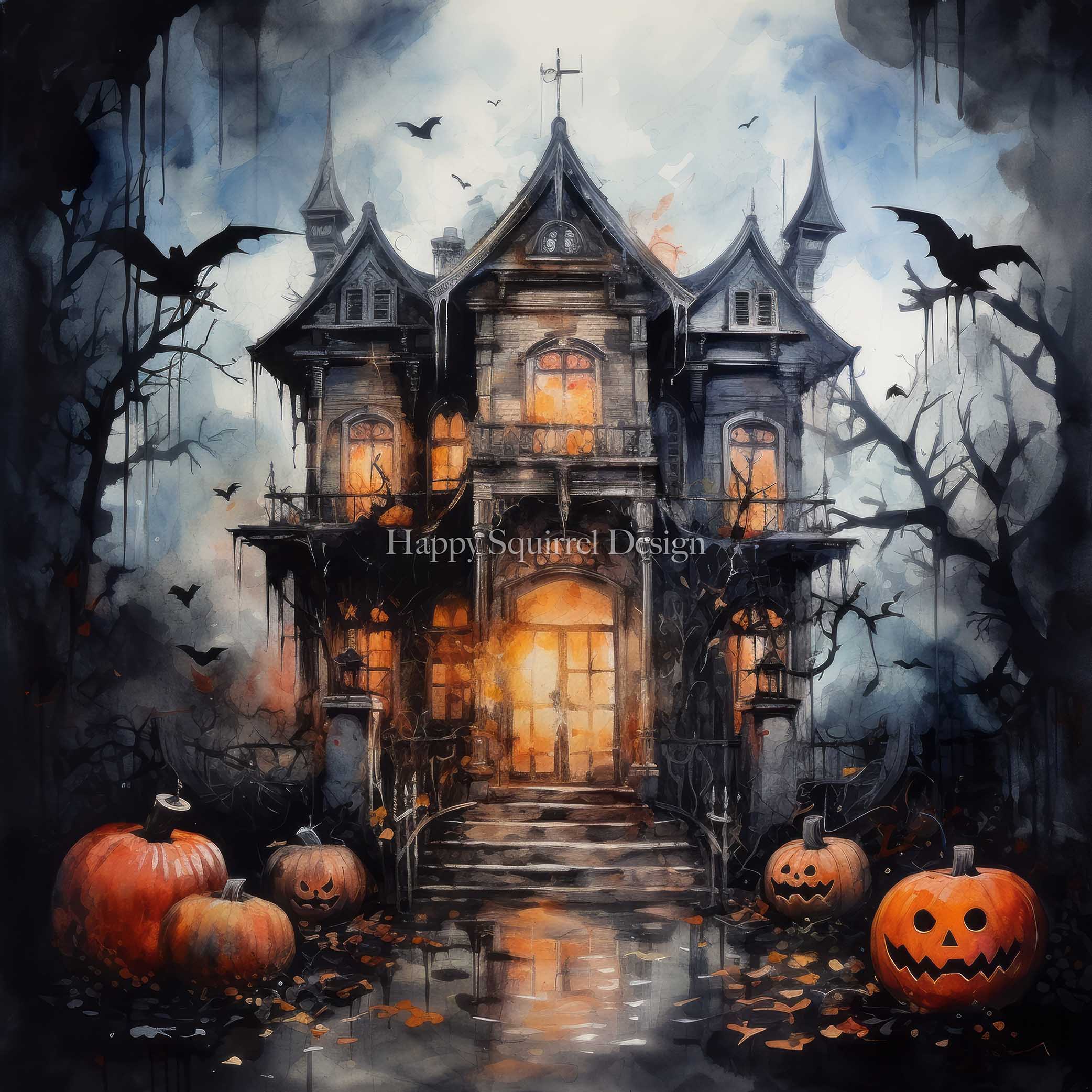 Kate Spooky Watercolor Mansion Backdrop Designed by Happy Squirrel Design - Kate Backdrop AU