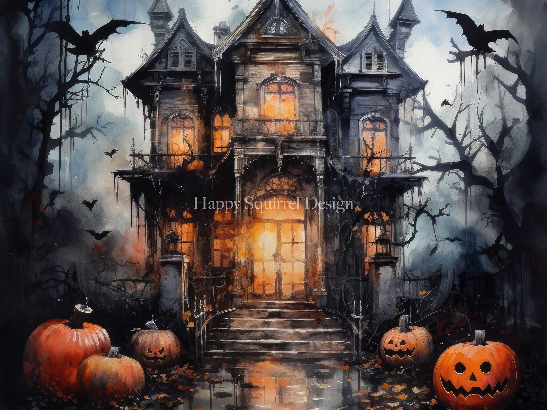 Kate Spooky Watercolor Mansion Backdrop Designed by Happy Squirrel Design - Kate Backdrop AU