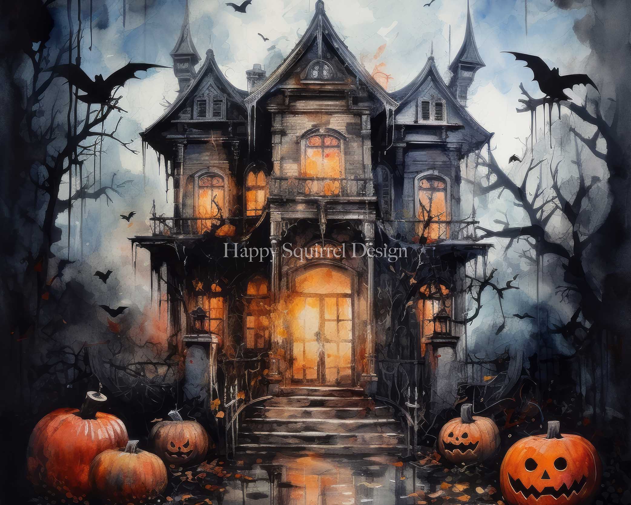 Kate Spooky Watercolor Mansion Backdrop Designed by Happy Squirrel Design - Kate Backdrop AU