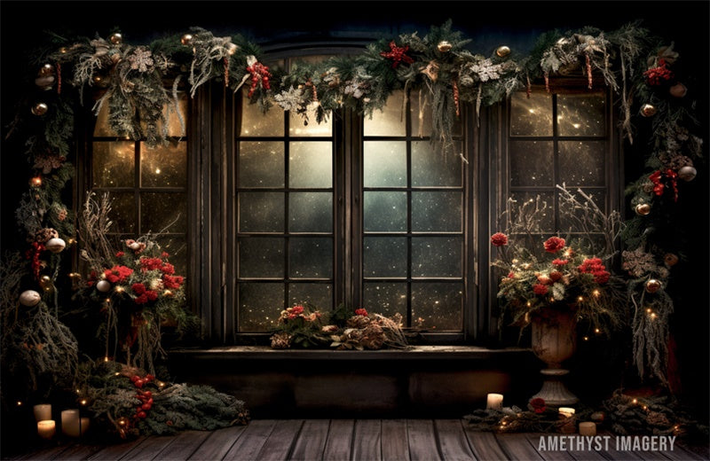 Kate Christmas Holly Window Black Wall Backdrop Designed by Angela Miller - Kate Backdrop AU