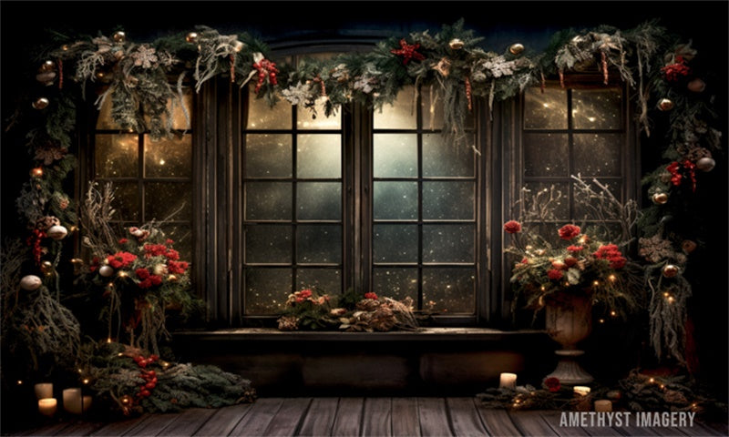Kate Christmas Holly Window Black Wall Backdrop Designed by Angela Miller - Kate Backdrop AU
