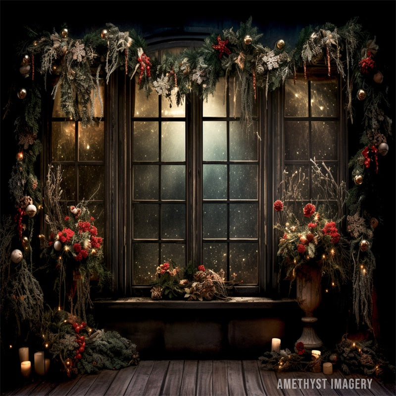Kate Christmas Holly Window Black Wall Backdrop Designed by Angela Miller - Kate Backdrop AU