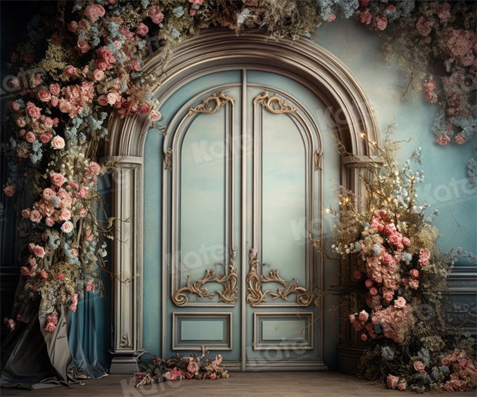 Kate Blue Door Floral Arch Fleece Backdrop Designed by Emetselch - Kate Backdrop AU