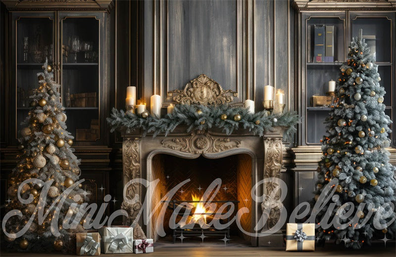 Kate Christmas Tree Winter Fireplace Backdrop Blue Navy Designed by Mini MakeBelieve - Kate Backdrop AU