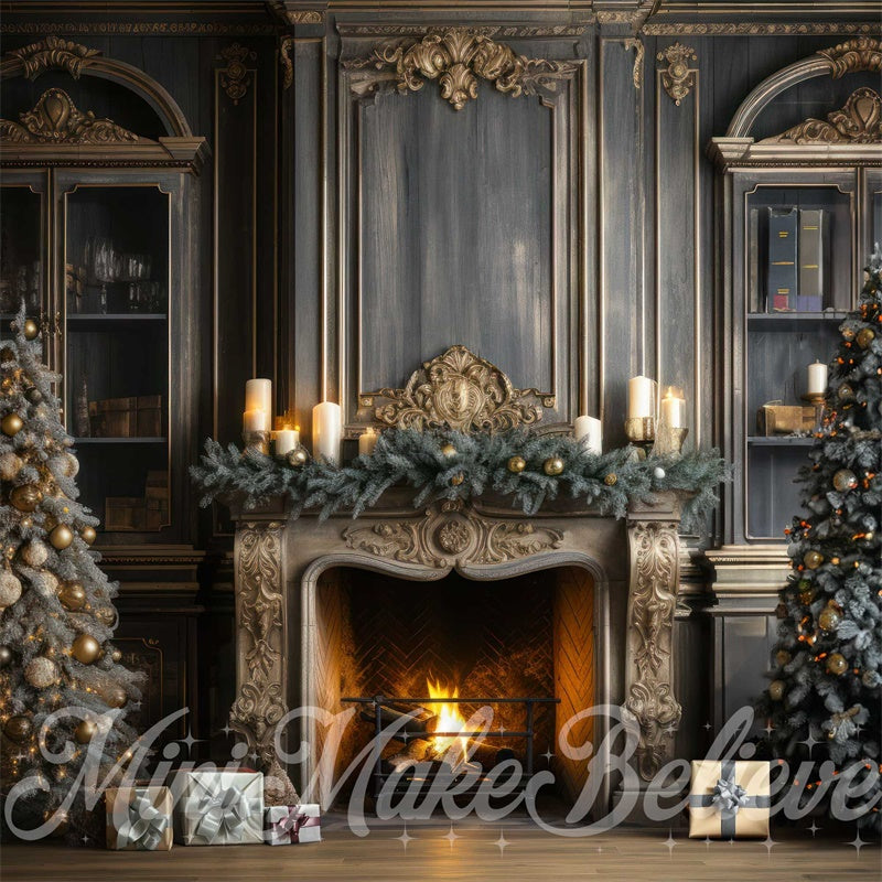 Kate Christmas Tree Winter Fireplace Backdrop Blue Navy Designed by Mini MakeBelieve - Kate Backdrop AU