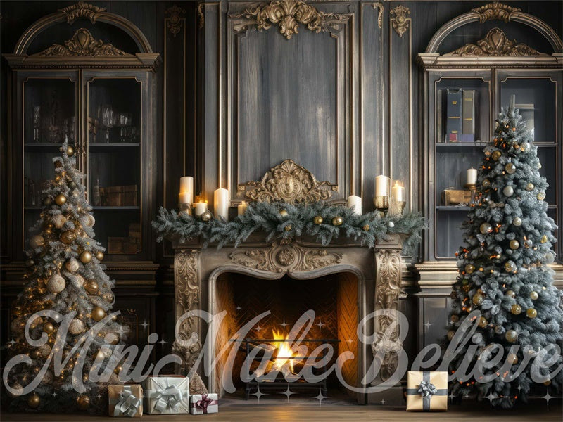 Kate Christmas Tree Winter Fireplace Backdrop Blue Navy Designed by Mini MakeBelieve - Kate Backdrop AU