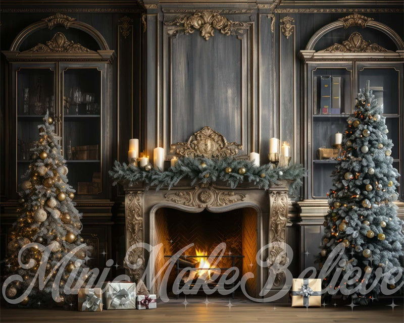Kate Christmas Tree Winter Fireplace Backdrop Blue Navy Designed by Mini MakeBelieve - Kate Backdrop AU