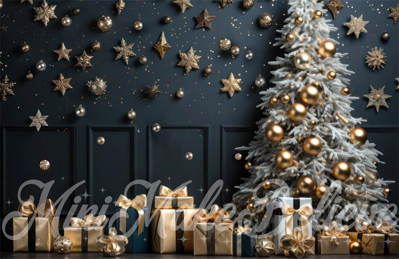 Kate Christmas Tree Winter Backdrop Navy Wall Gold Ornaments Designed by Mini MakeBelieve - Kate Backdrop AU