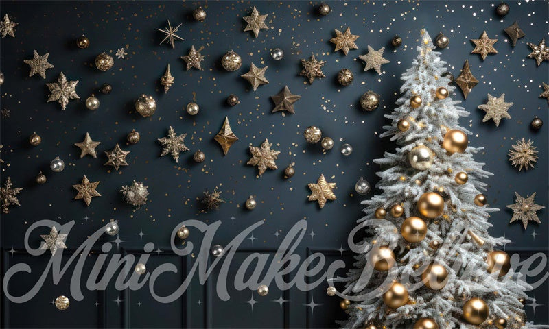 Kate Christmas Tree Winter Backdrop Navy Wall Gold Ornaments Designed by Mini MakeBelieve - Kate Backdrop AU