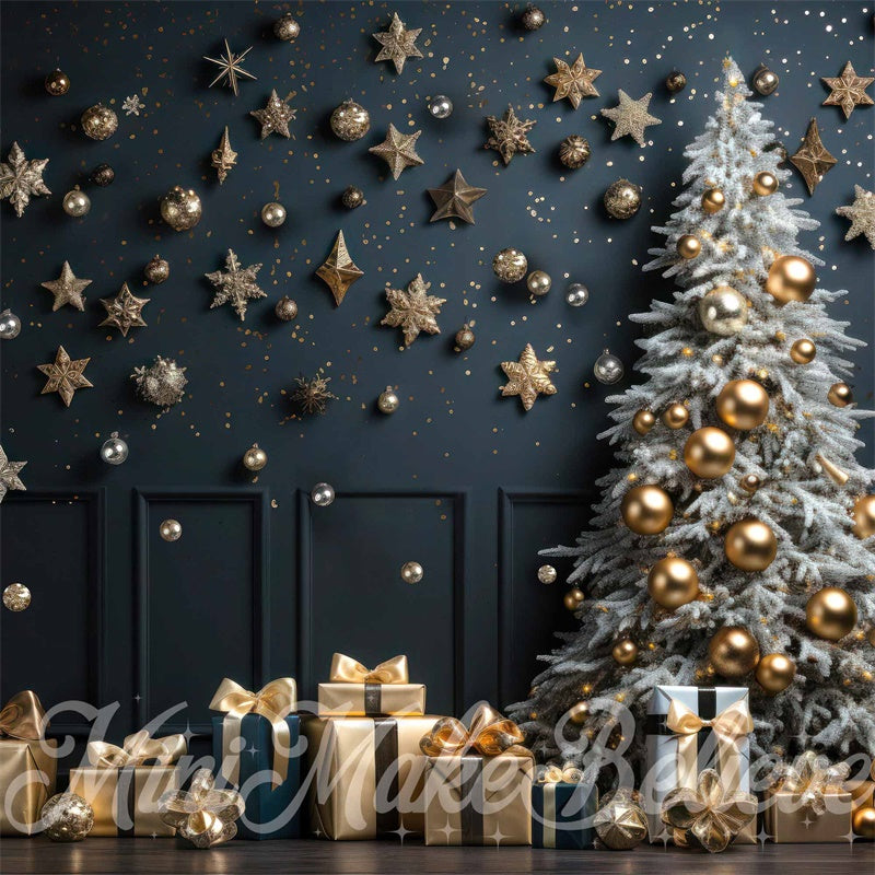 Kate Christmas Tree Winter Backdrop Navy Wall Gold Ornaments Designed by Mini MakeBelieve - Kate Backdrop AU