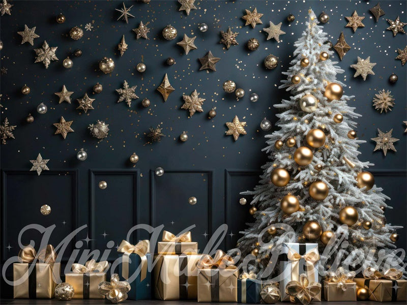Kate Christmas Tree Winter Backdrop Navy Wall Gold Ornaments Designed by Mini MakeBelieve - Kate Backdrop AU