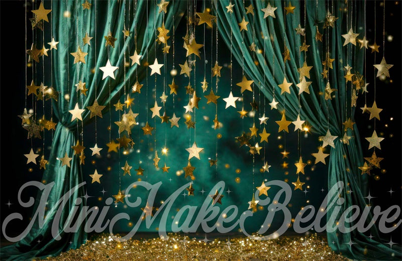 Kate Christmas Winter Green Curtain with Stars Backdrop Designed by Mini MakeBelieve - Kate Backdrop AU