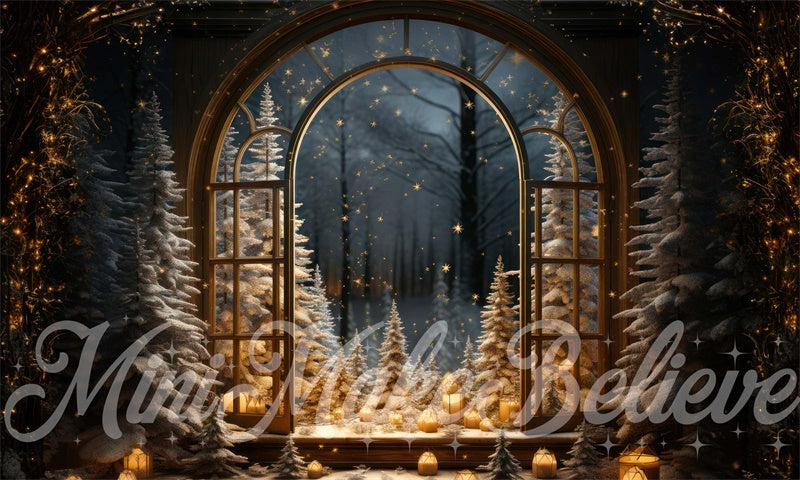 Kate Winter Christmas Tree Backdrop Window Snow Night Designed by Mini MakeBelieve - Kate Backdrop AU