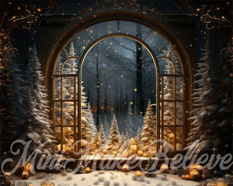 Kate Winter Christmas Tree Backdrop Window Snow Night Designed by Mini MakeBelieve - Kate Backdrop AU