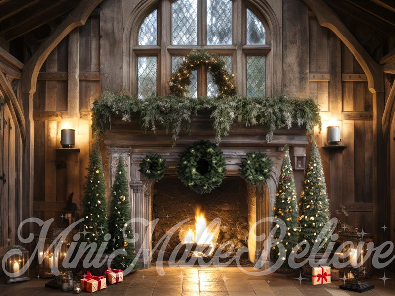 Kate Winter Christmas Trees Backdrop Rustic Cabin Fireplace Luxury Designed by Mini MakeBelieve - Kate Backdrop AU