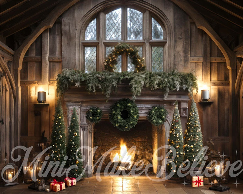 Kate Winter Christmas Trees Backdrop Rustic Cabin Fireplace Luxury Designed by Mini MakeBelieve - Kate Backdrop AU