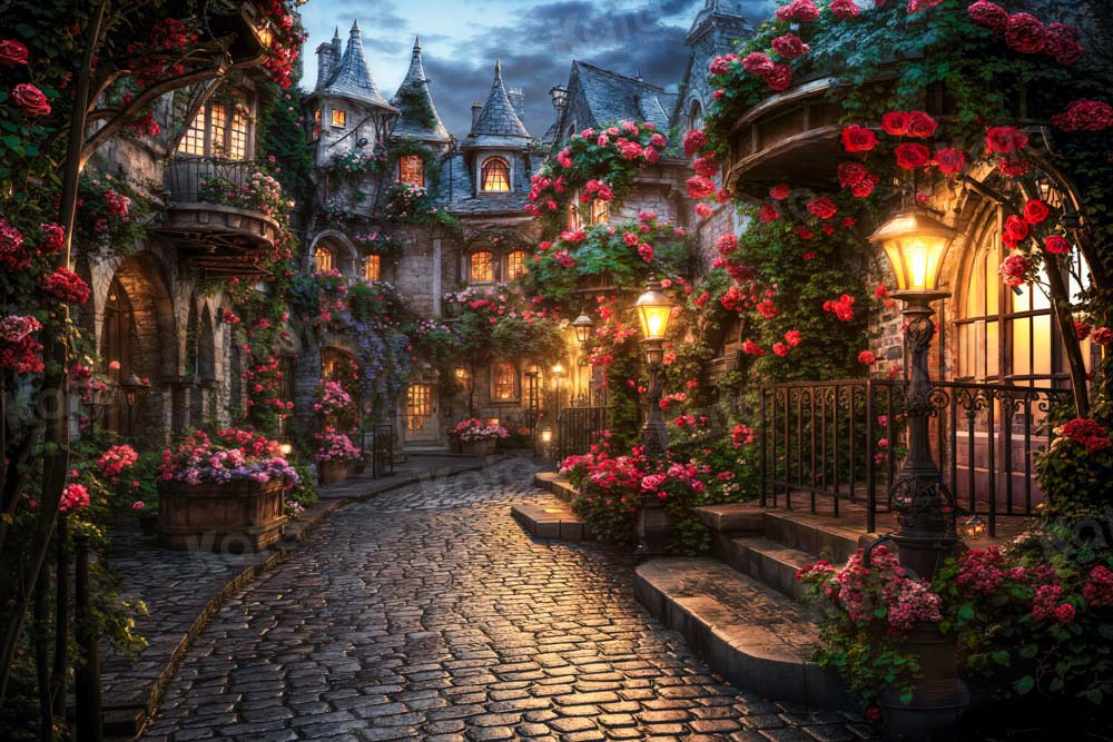 Kate Valentines Day Garden Town Backdrop Flowers Stone Paving Designed by Emetselch - Kate Backdrop AU