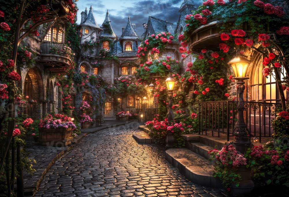 Kate Valentines Day Garden Town Backdrop Flowers Stone Paving Designed by Emetselch - Kate Backdrop AU