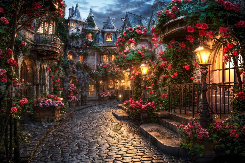 Kate Valentines Day Garden Town Backdrop Flowers Stone Paving Designed by Emetselch - Kate Backdrop AU