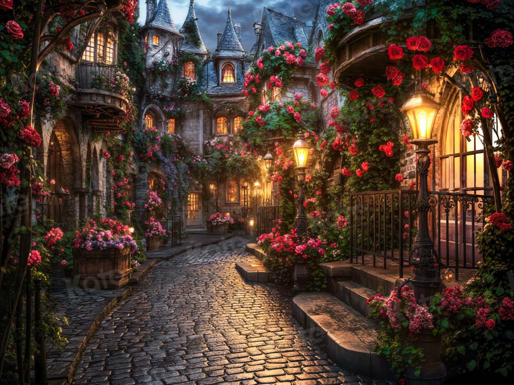 Kate Valentines Day Garden Town Backdrop Flowers Stone Paving Designed by Emetselch - Kate Backdrop AU