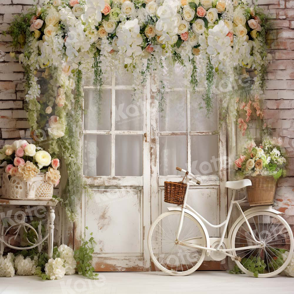 Kate Spring Floral White Old Door Bicycle Backdrop Designed by Emetselch - Kate Backdrop AU