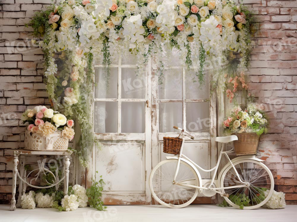 Kate Spring Floral White Old Door Bicycle Backdrop Designed by Emetselch - Kate Backdrop AU