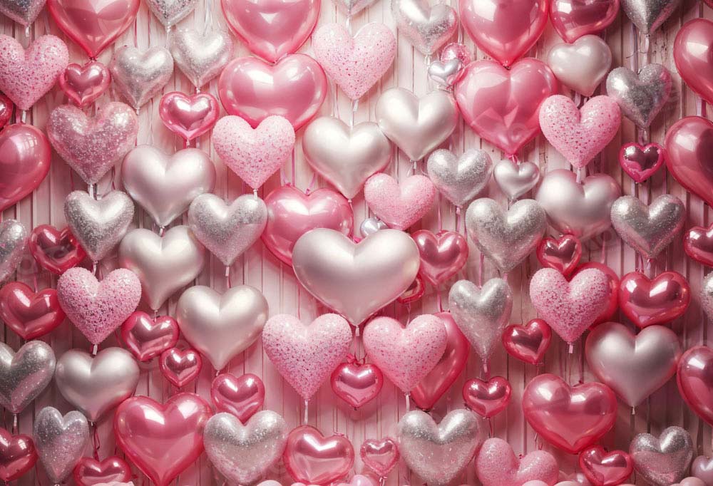 Kate Valentine's Day Pink and Silver Love Heart Balloon Backdrop Designed by Emetselch - Kate Backdrop AU