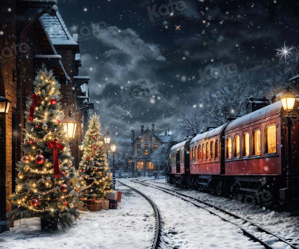 Kate Winter Christmas Tree Train Backdrop Designed by Emetselch - Kate Backdrop AU