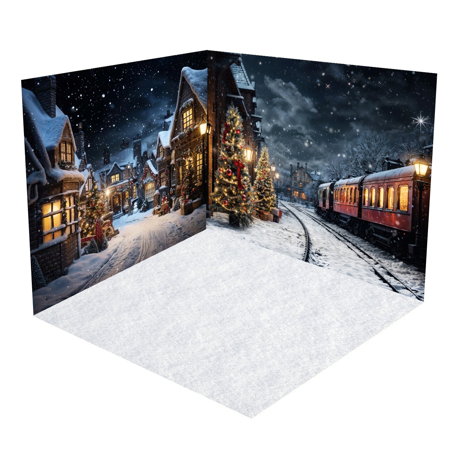 Kate Christmas Snowy Street in Night Train Room Set(8ftx8ft&10ftx8ft&8ftx10ft) - Kate Backdrop AU