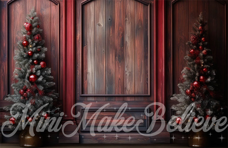Kate Winter Christmas Red Wood Wall Trees Backdrop Designed by Mini MakeBelieve - Kate Backdrop AU