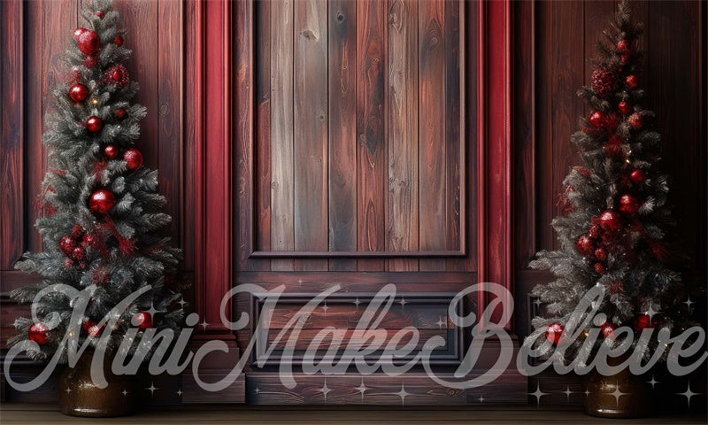 Kate Winter Christmas Red Wood Wall Trees Backdrop Designed by Mini MakeBelieve - Kate Backdrop AU