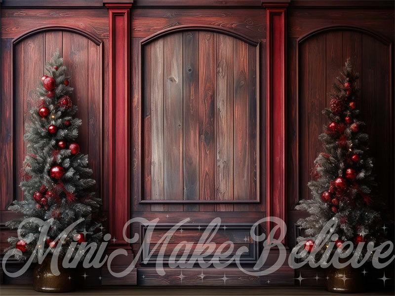 Kate Winter Christmas Red Wood Wall Trees Backdrop Designed by Mini MakeBelieve - Kate Backdrop AU