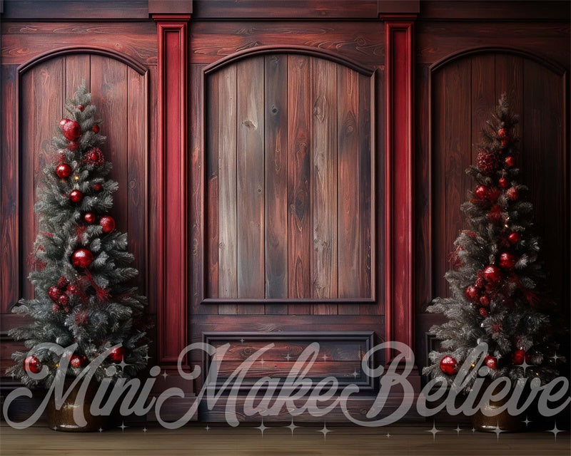 Kate Winter Christmas Red Wood Wall Trees Backdrop Designed by Mini MakeBelieve - Kate Backdrop AU